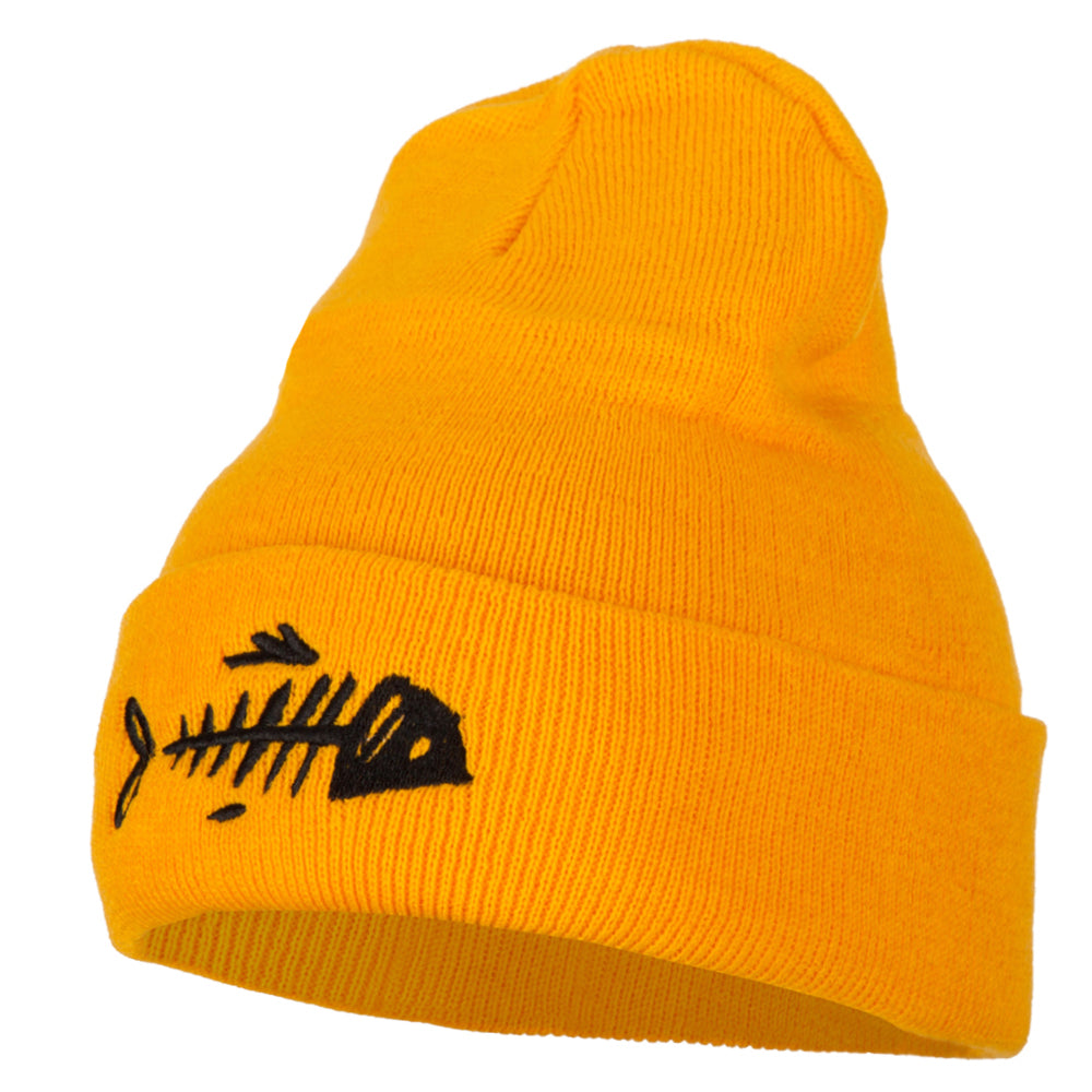 Fish Bone Embroidered Knitted Long Beanie - Yellow OSFM