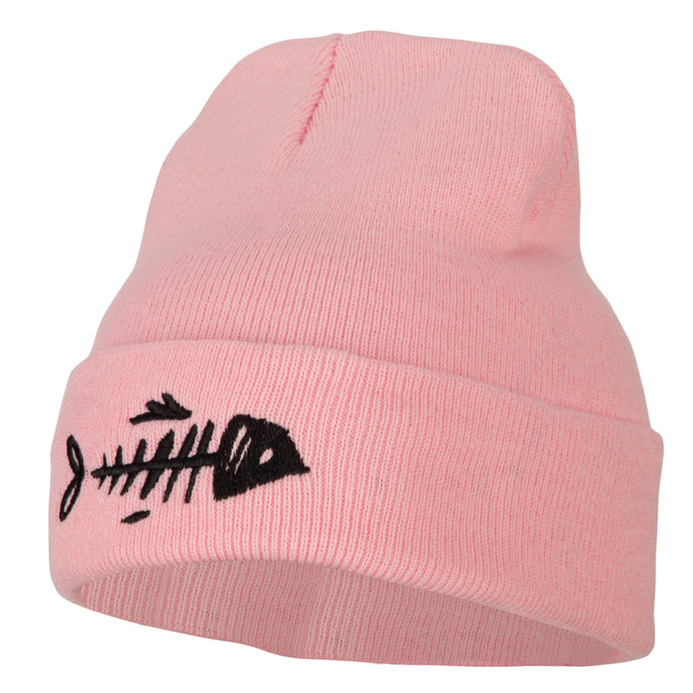 Fish Bone Embroidered Knitted Long Beanie - Pink OSFM