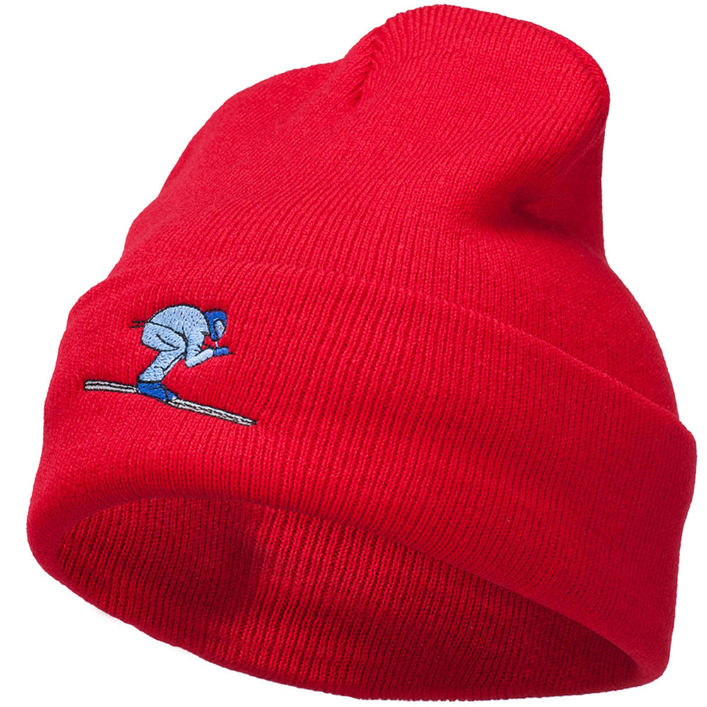 Skiing Embroidered 12 Inch Long Beanie - Red OSFM
