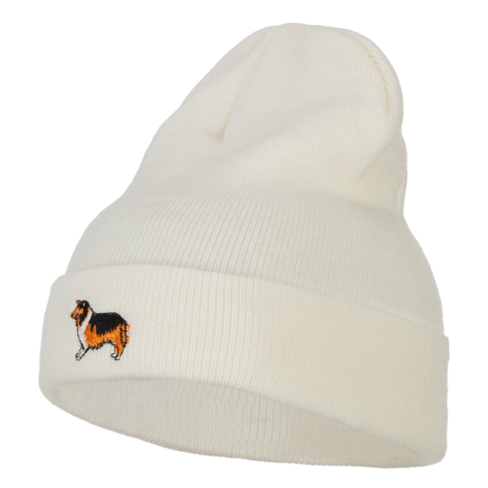 Collie Dog Embroidered Long Beanie - White OSFM