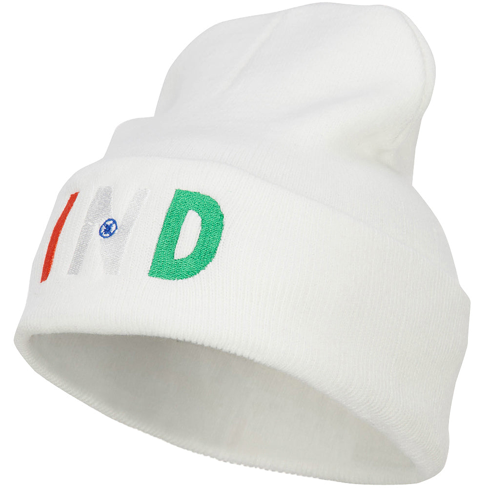 India IND Flag Embroidered Long Beanie - White OSFM