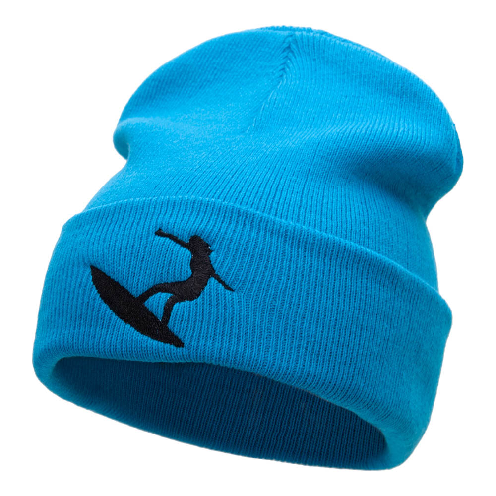 Surfer Girl Silhouette Embroidered Long Beanie - Aqua OSFM