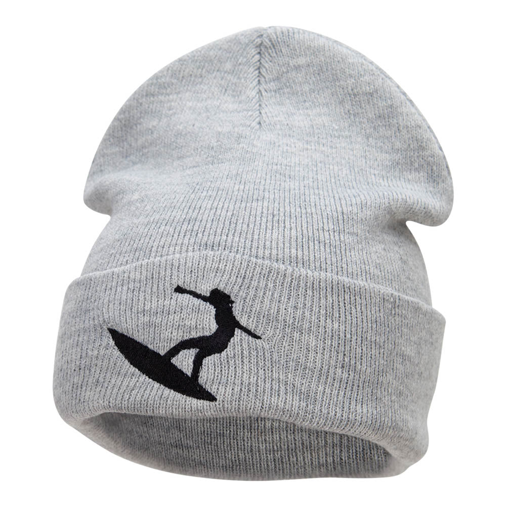 Surfer Girl Silhouette Embroidered Long Beanie - Heather Grey OSFM