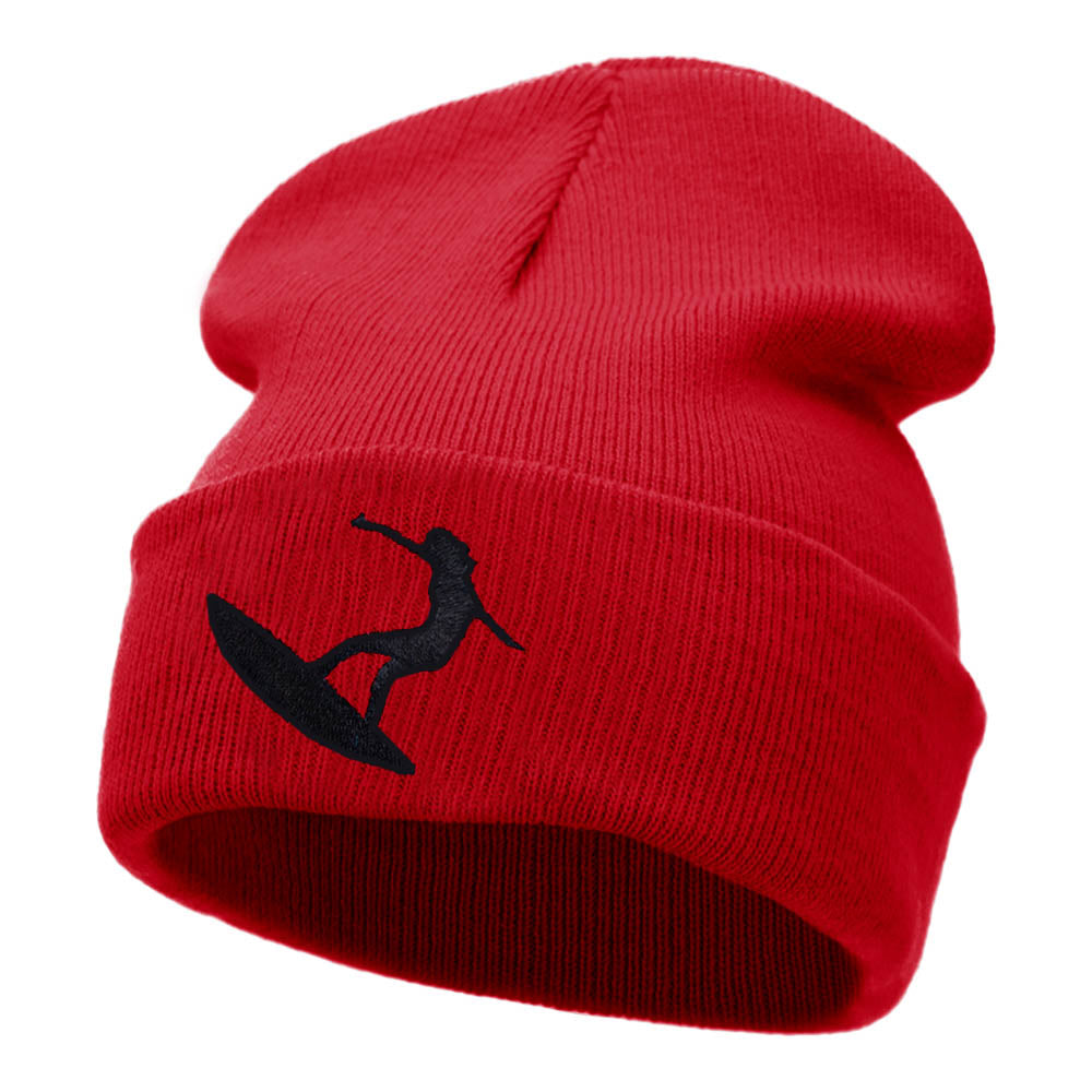 Surfer Girl Silhouette Embroidered Long Beanie - Red OSFM
