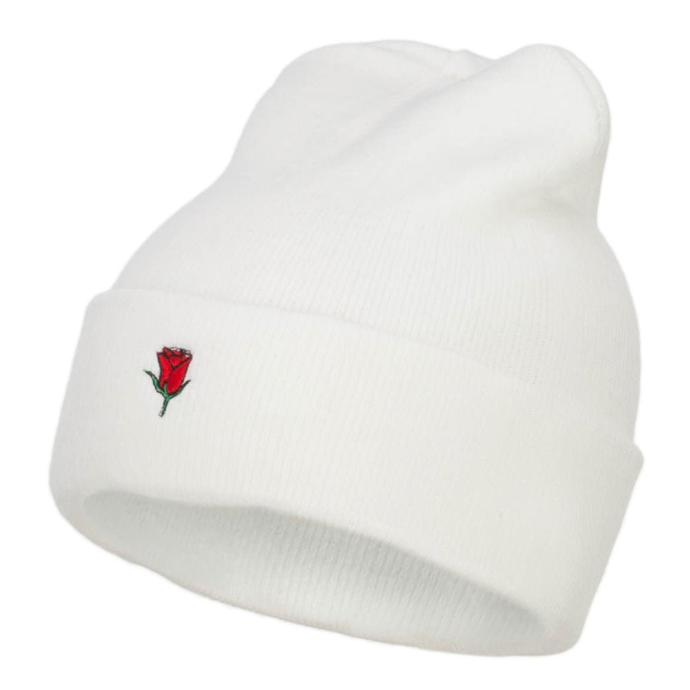 Mini Rose Embroidered Long Beanie - White OSFM