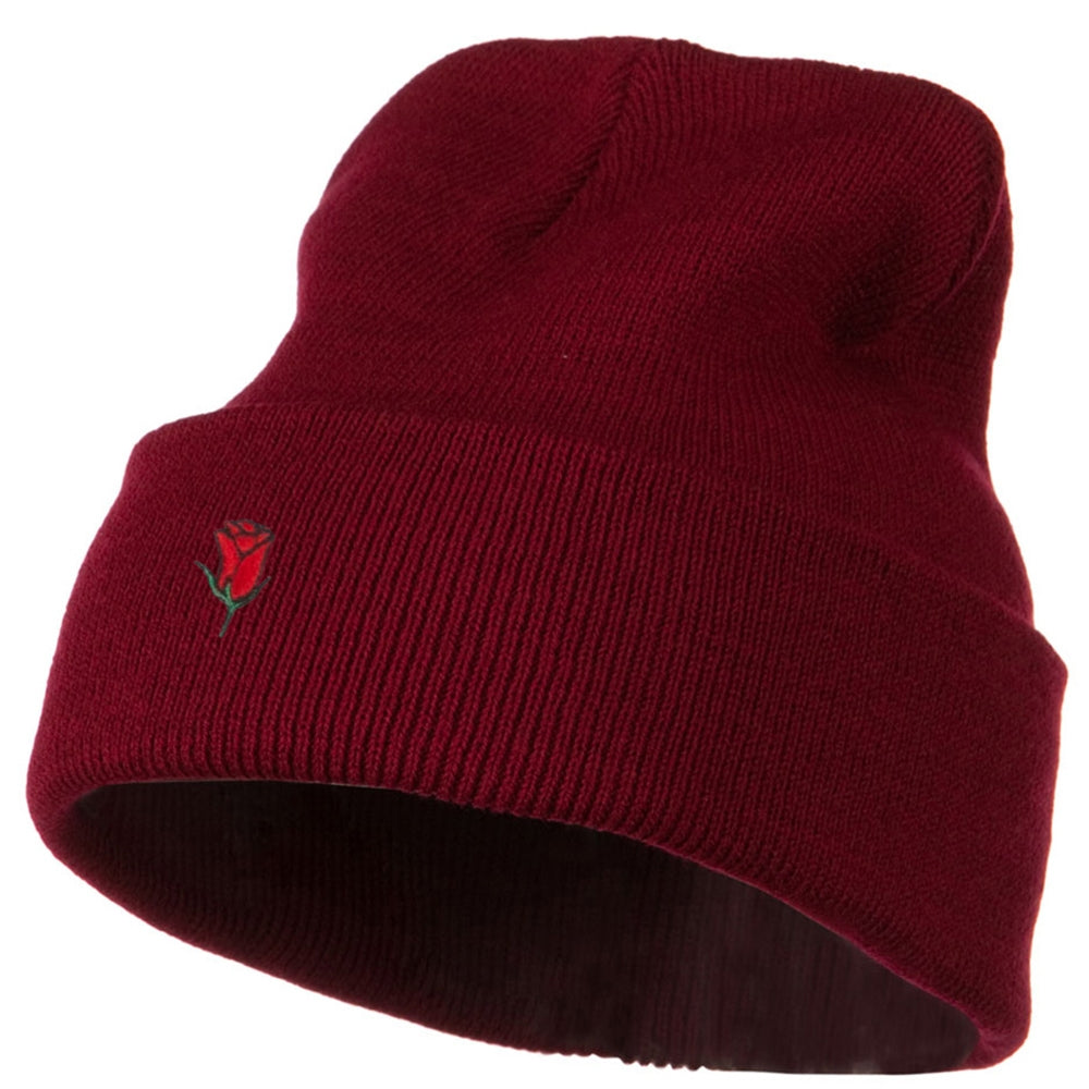 Mini Rose Embroidered Long Beanie - Maroon OSFM