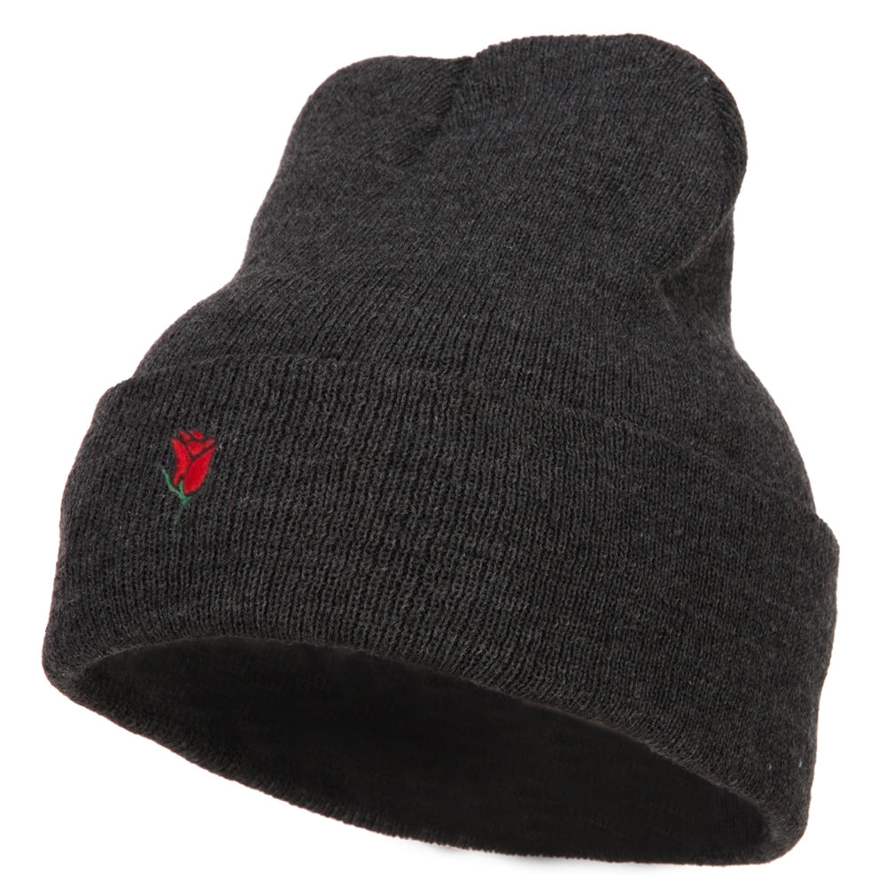 Mini Rose Embroidered Long Beanie - Heather Charcoal OSFM