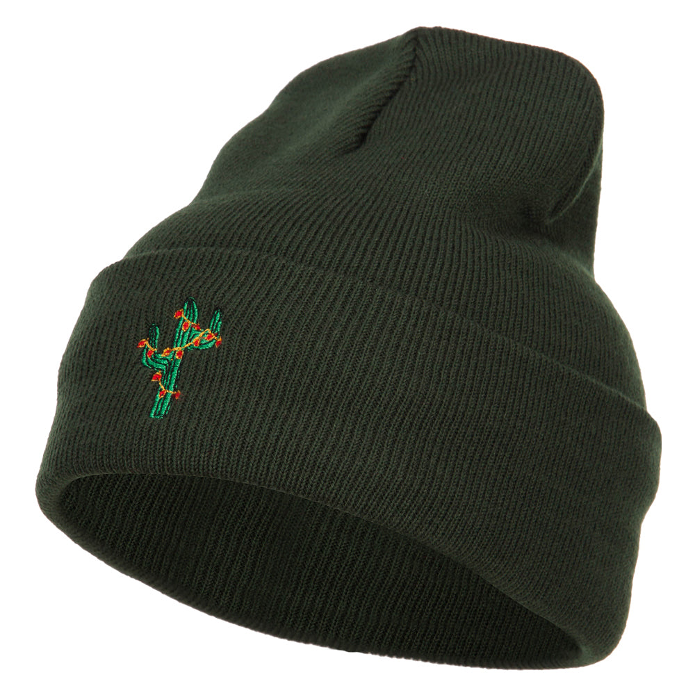 Christmas Cactus Embroidered Long Beanie - Olive OSFM