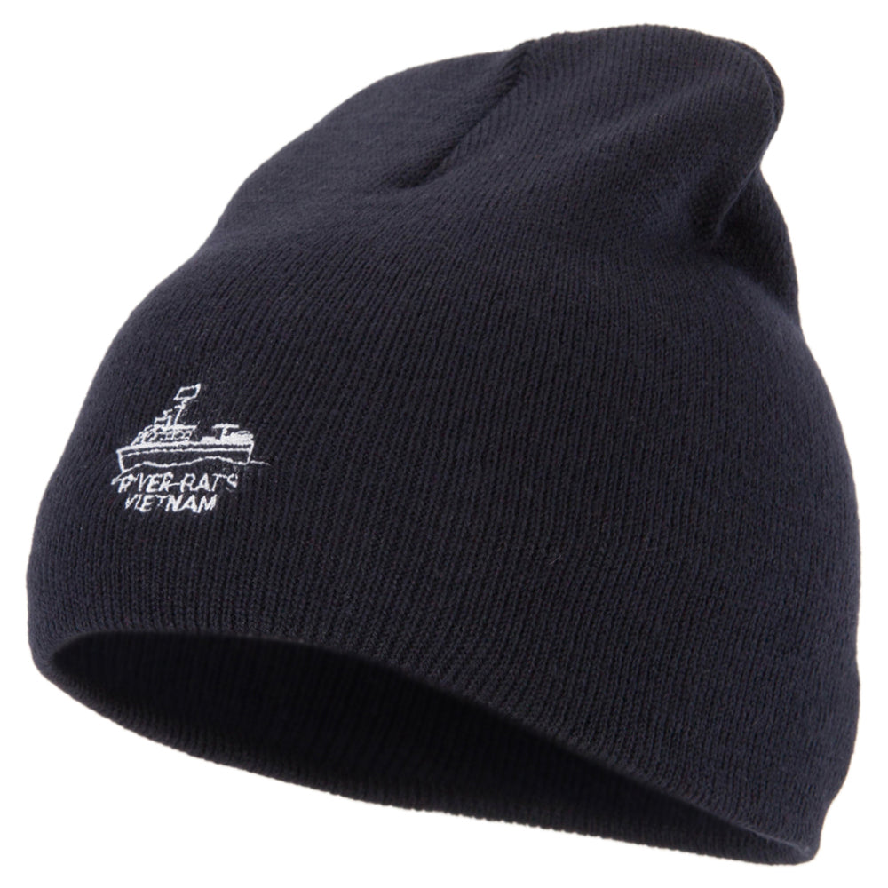River Rats Vietnam with Riverboat Embroidered 8 Inch Knitted Short Beanie - Navy OSFM