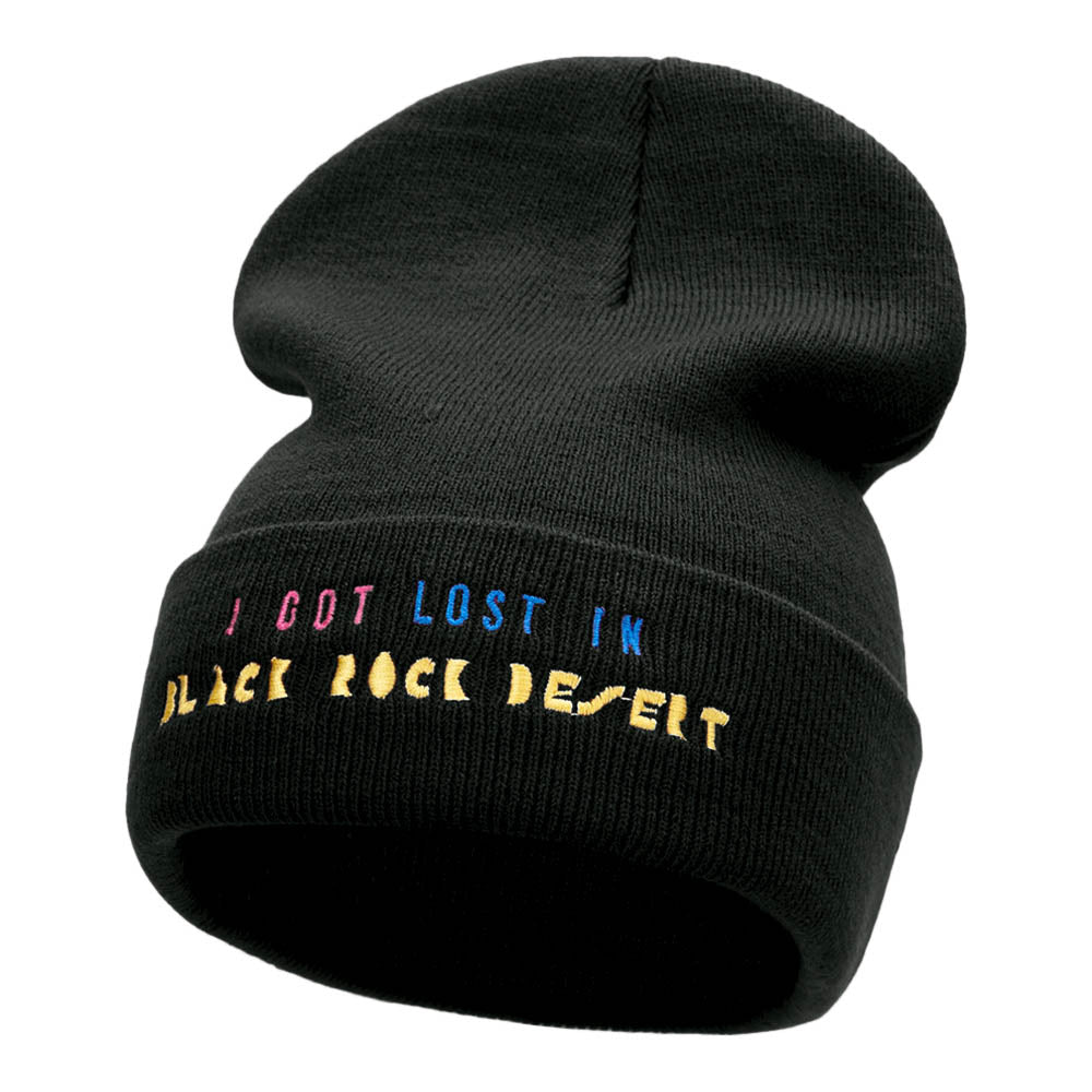 Black Rock Desert Phrase Embroidered Long Knitted Beanie - Black OSFM
