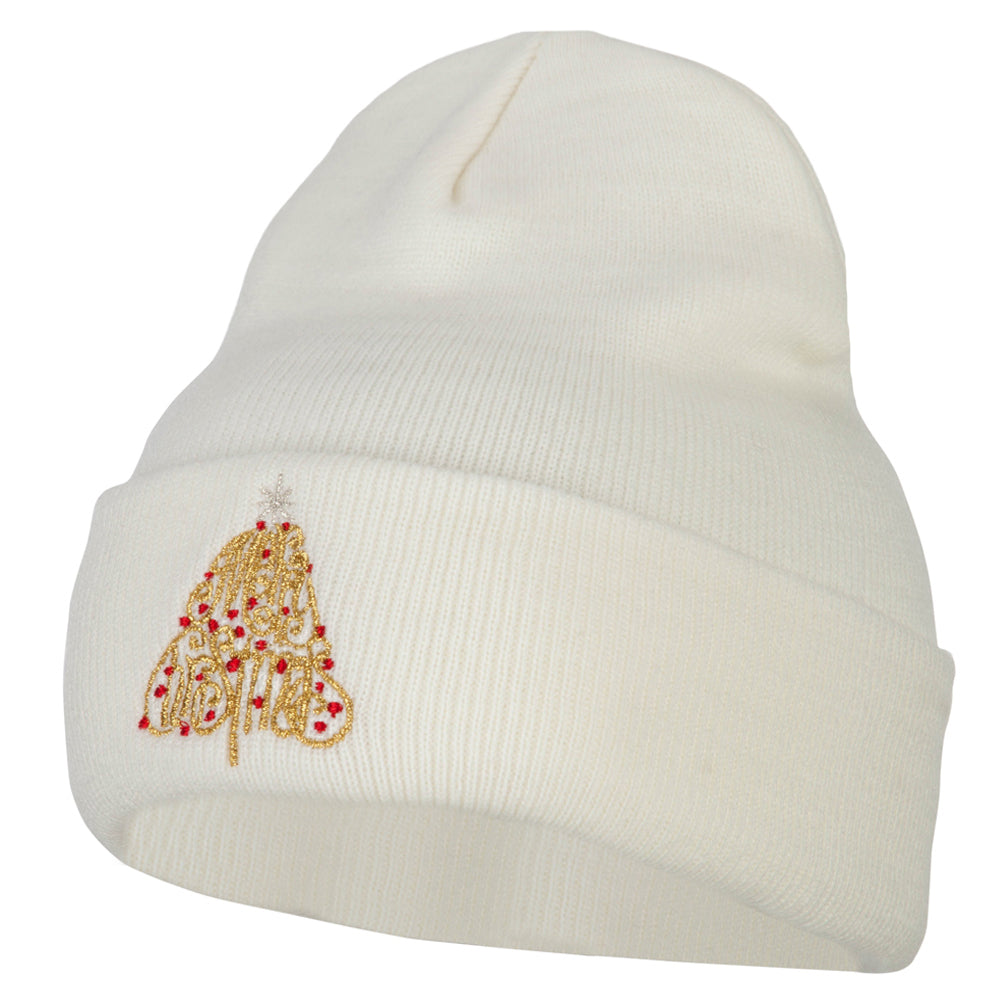 Glitter Merry Christmas Tree Embroidered Long Knitted Beanie - White OSFM