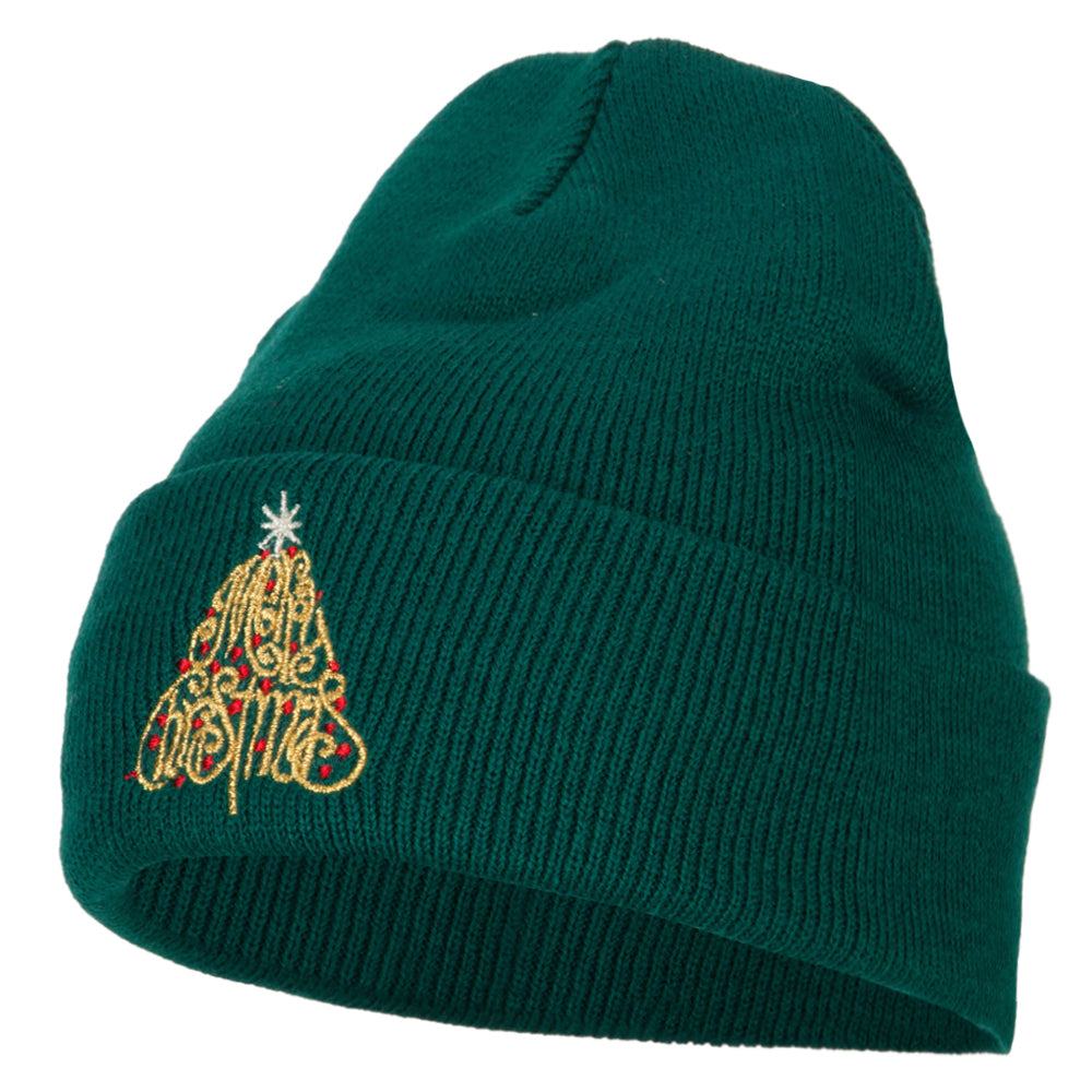 Glitter Merry Christmas Tree Embroidered Long Knitted Beanie - Dk Green OSFM