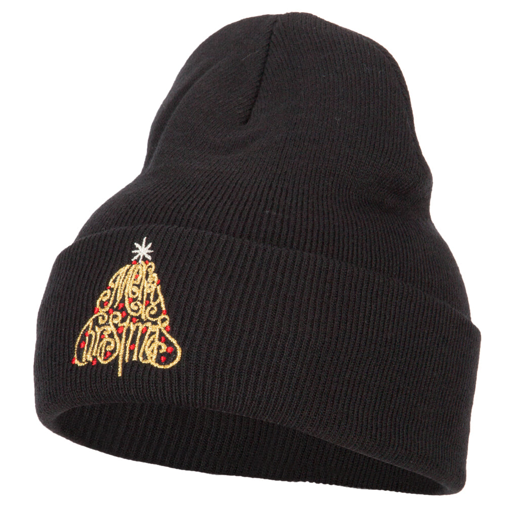 Glitter Merry Christmas Tree Embroidered Long Knitted Beanie - Black OSFM