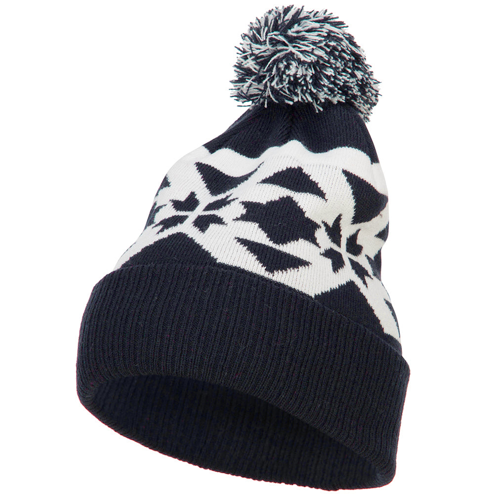 Jacquard Knit Pom Beanie - Navy White OSFM