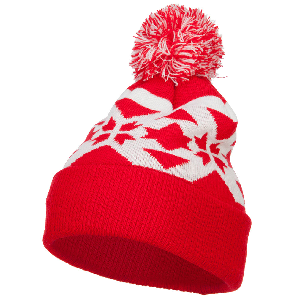 Jacquard Knit Pom Beanie - Red White OSFM