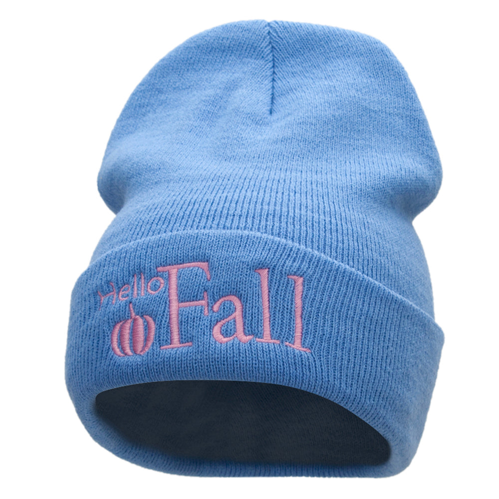 Hello Fall Embroidered 12 Inch Long Knitted Beanie - Sky Blue OSFM