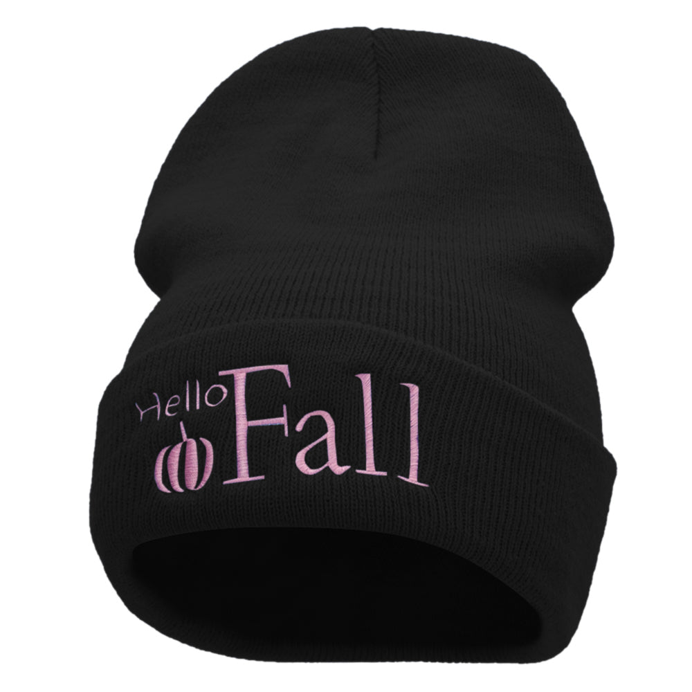 Hello Fall Embroidered 12 Inch Long Knitted Beanie - Black OSFM