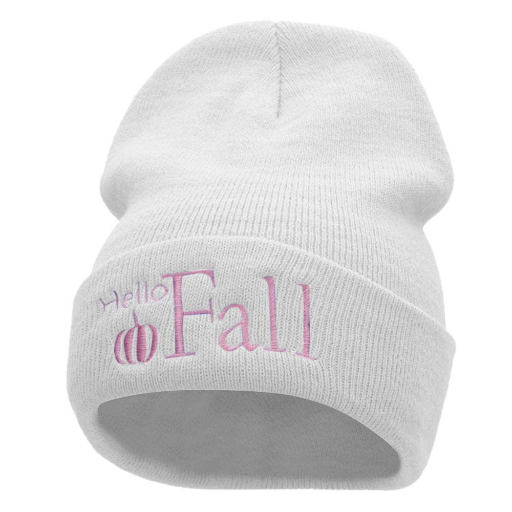 Hello Fall Embroidered 12 Inch Long Knitted Beanie - White OSFM