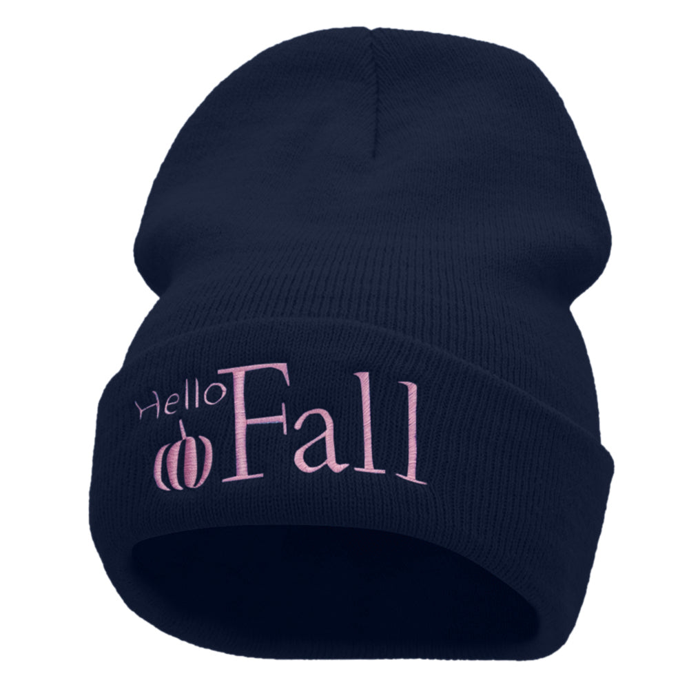 Hello Fall Embroidered 12 Inch Long Knitted Beanie - Navy OSFM