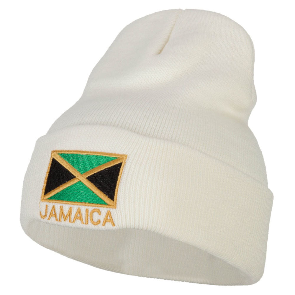 Jamaica Flag with Letters Embroidered Long Knitted Beanie - White OSFM
