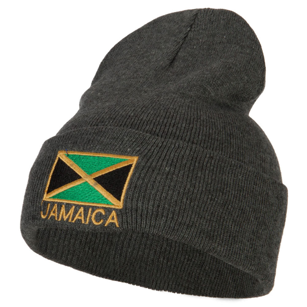 Jamaica Flag with Letters Embroidered Long Knitted Beanie - Dk Grey OSFM
