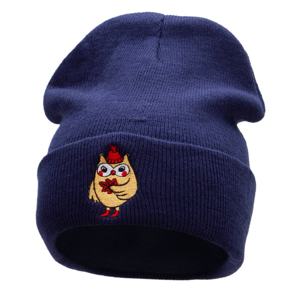 Fall Owl Embroidered 12 Inch Long Knitted Beanie - Navy OSFM