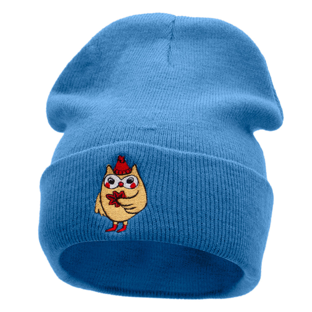 Fall Owl Embroidered 12 Inch Long Knitted Beanie - Sky Blue OSFM