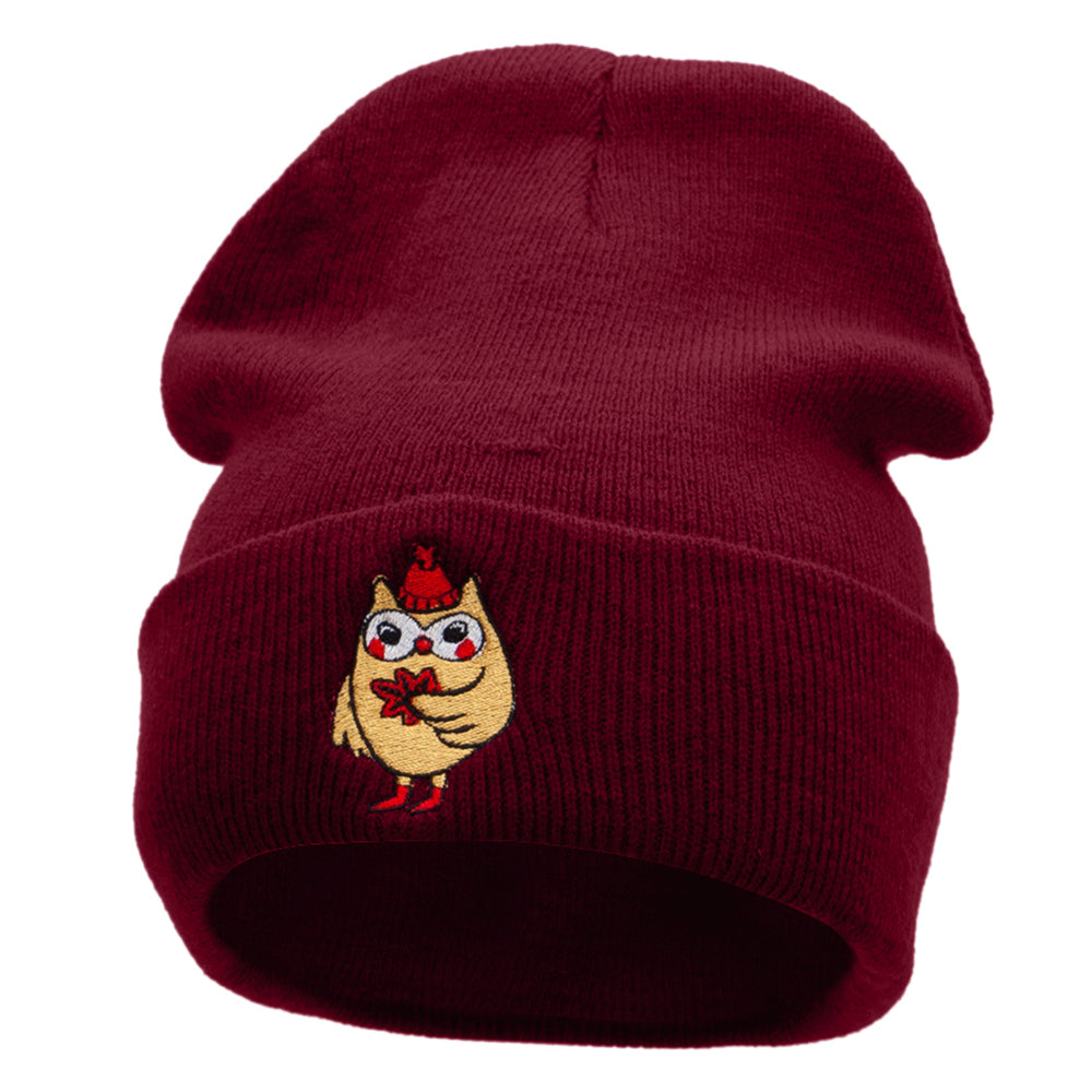 Fall Owl Embroidered 12 Inch Long Knitted Beanie - Maroon OSFM