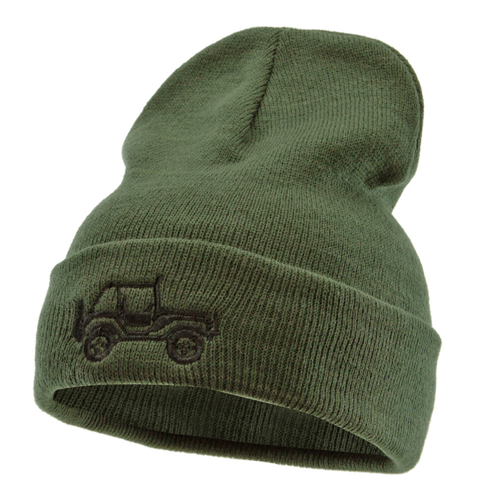 Off Road Vehicle Embroidered 12 Inch Long Knitted Beanie - Olive OSFM