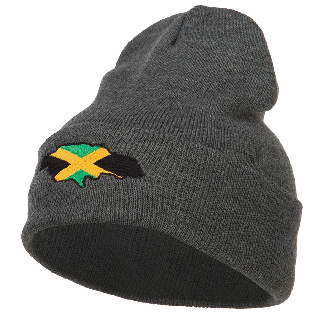Jamaica Flag Map Embroidered Long Beanie - Dk Grey OSFM