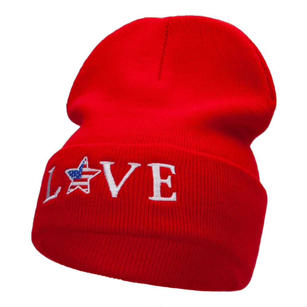 Love USA Logo Phrase Embroidered Long Knitted Beanie - Red OSFM