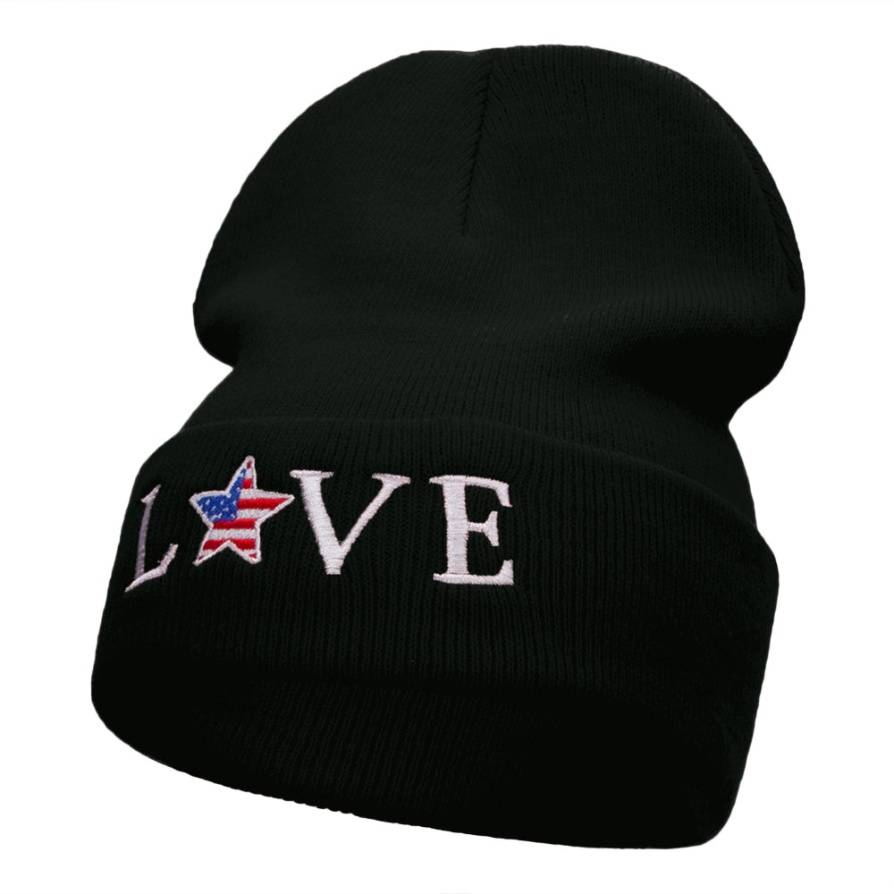 Love USA Logo Phrase Embroidered Long Knitted Beanie - Black OSFM