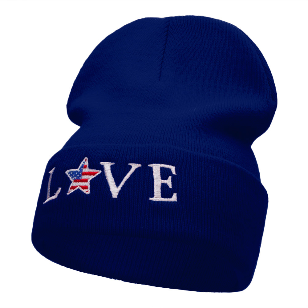 Love USA Logo Phrase Embroidered Long Knitted Beanie - Royal OSFM