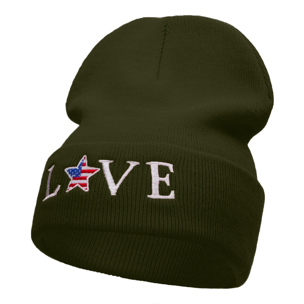 Love USA Logo Phrase Embroidered Long Knitted Beanie - Olive OSFM