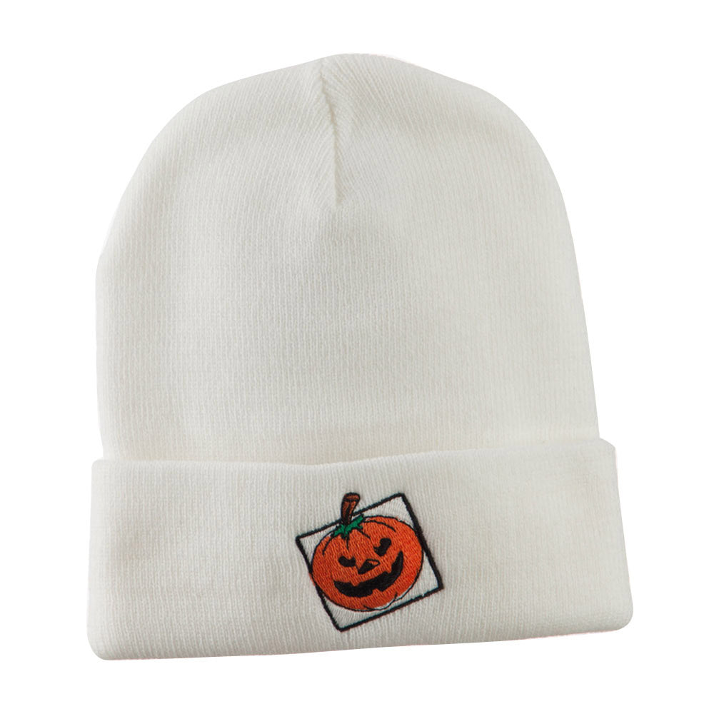 Halloween Jack o Lantern with a Square Box Embroidered Long Beanie - White OSFM