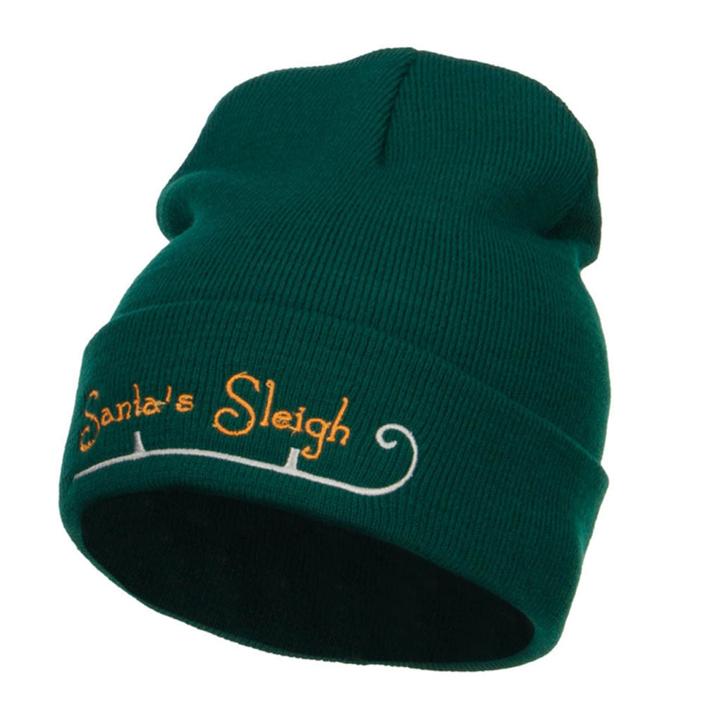 Santa&#039;s Sleigh Embroidered Long Beanie - Dk Green OSFM