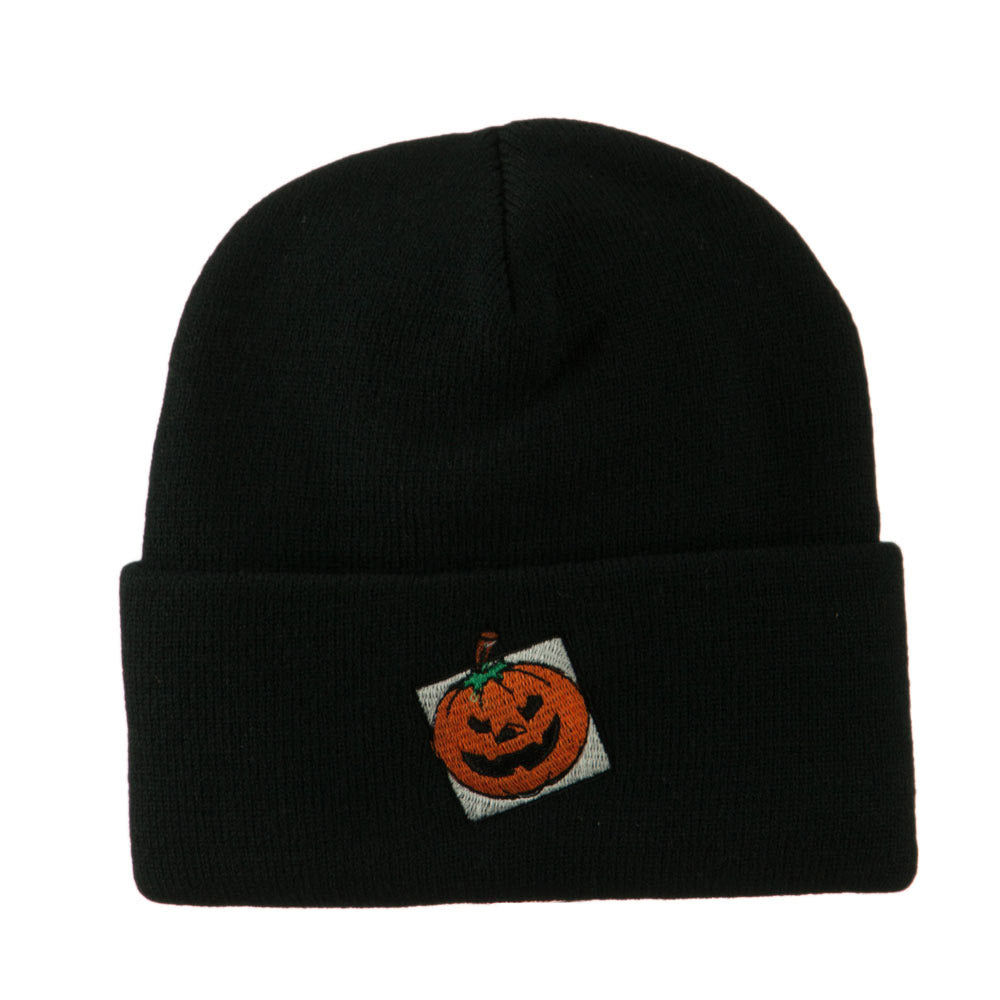 Halloween Jack o Lantern with a Square Box Embroidered Long Beanie - Black OSFM