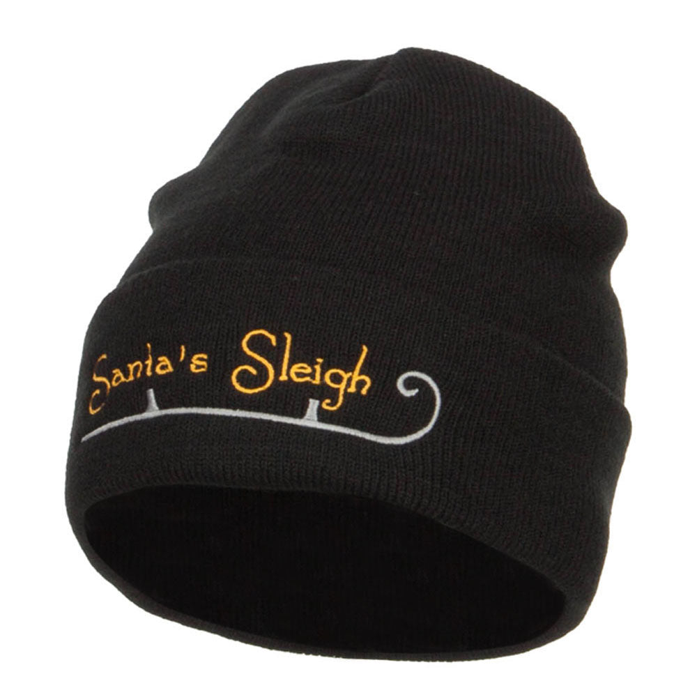 Santa&#039;s Sleigh Embroidered Long Beanie - Black OSFM