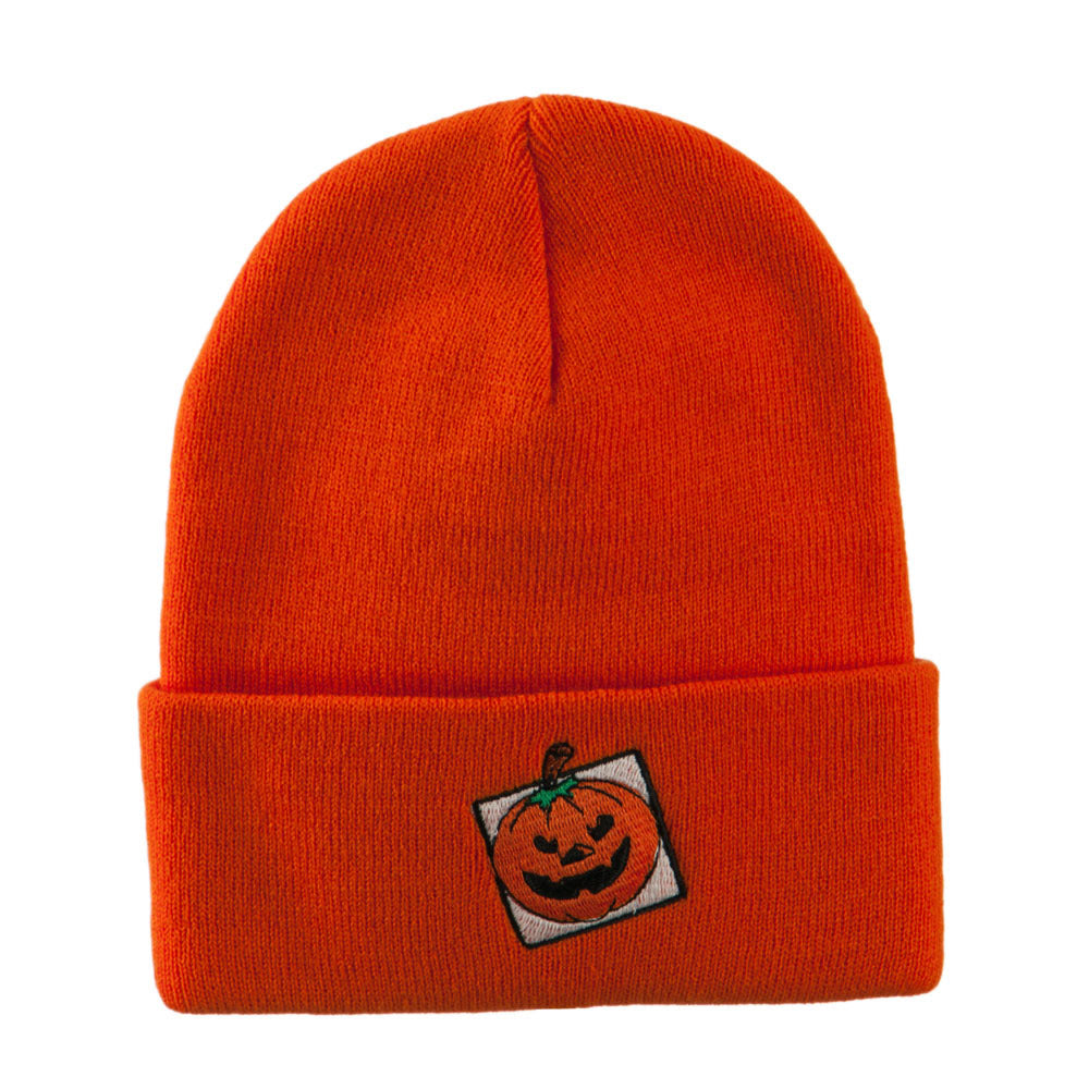 Halloween Jack o Lantern with a Square Box Embroidered Long Beanie - Orange OSFM