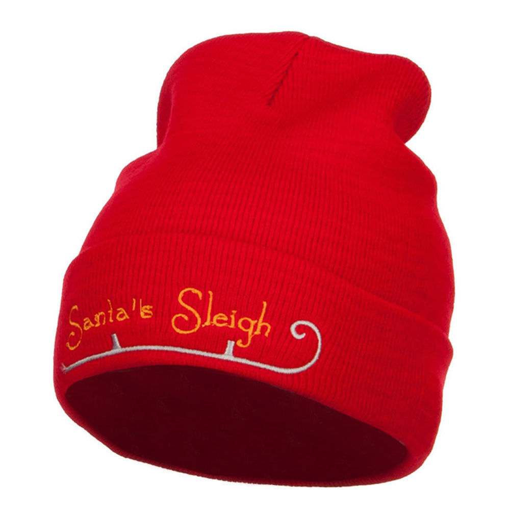 Santa&#039;s Sleigh Embroidered Long Beanie - Red OSFM