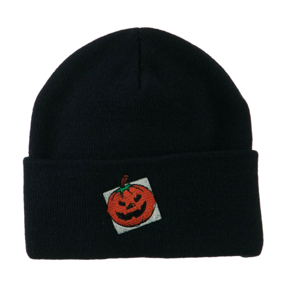 Halloween Jack o Lantern with a Square Box Embroidered Long Beanie - Navy OSFM