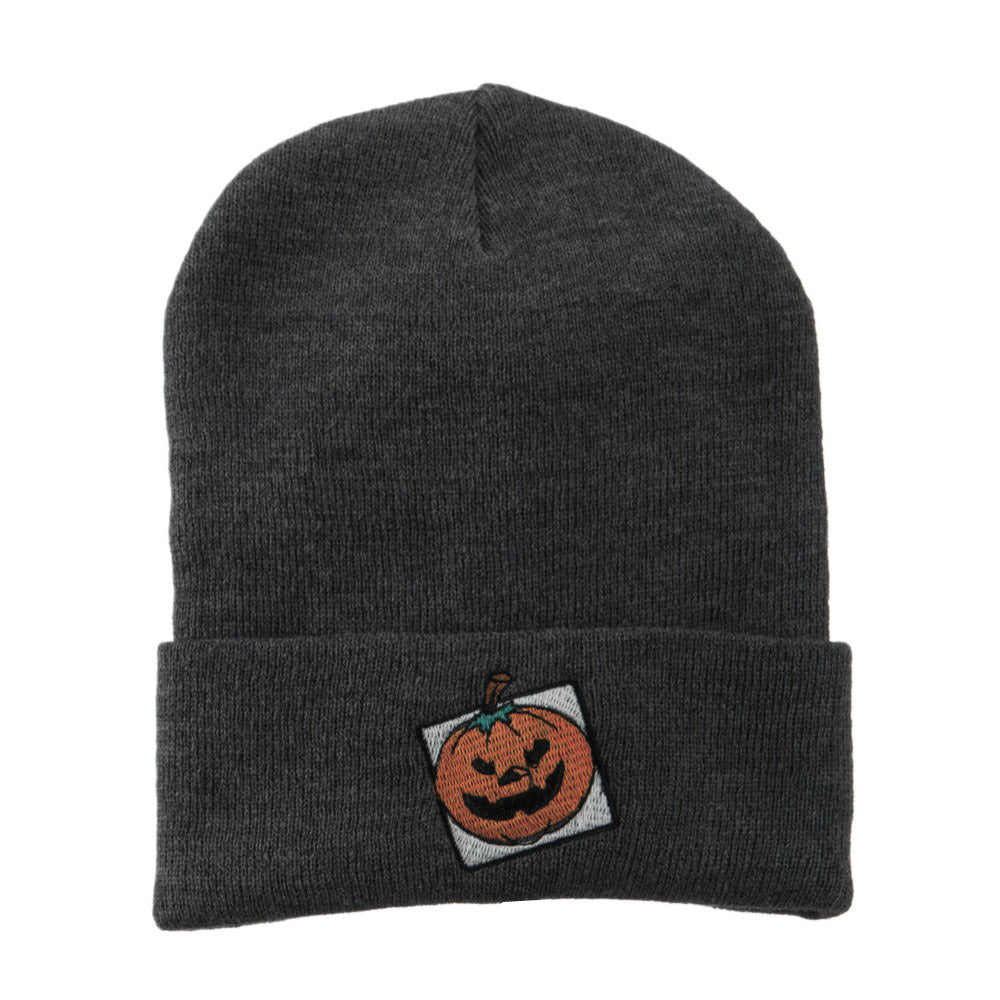 Halloween Jack o Lantern with a Square Box Embroidered Long Beanie - Grey OSFM