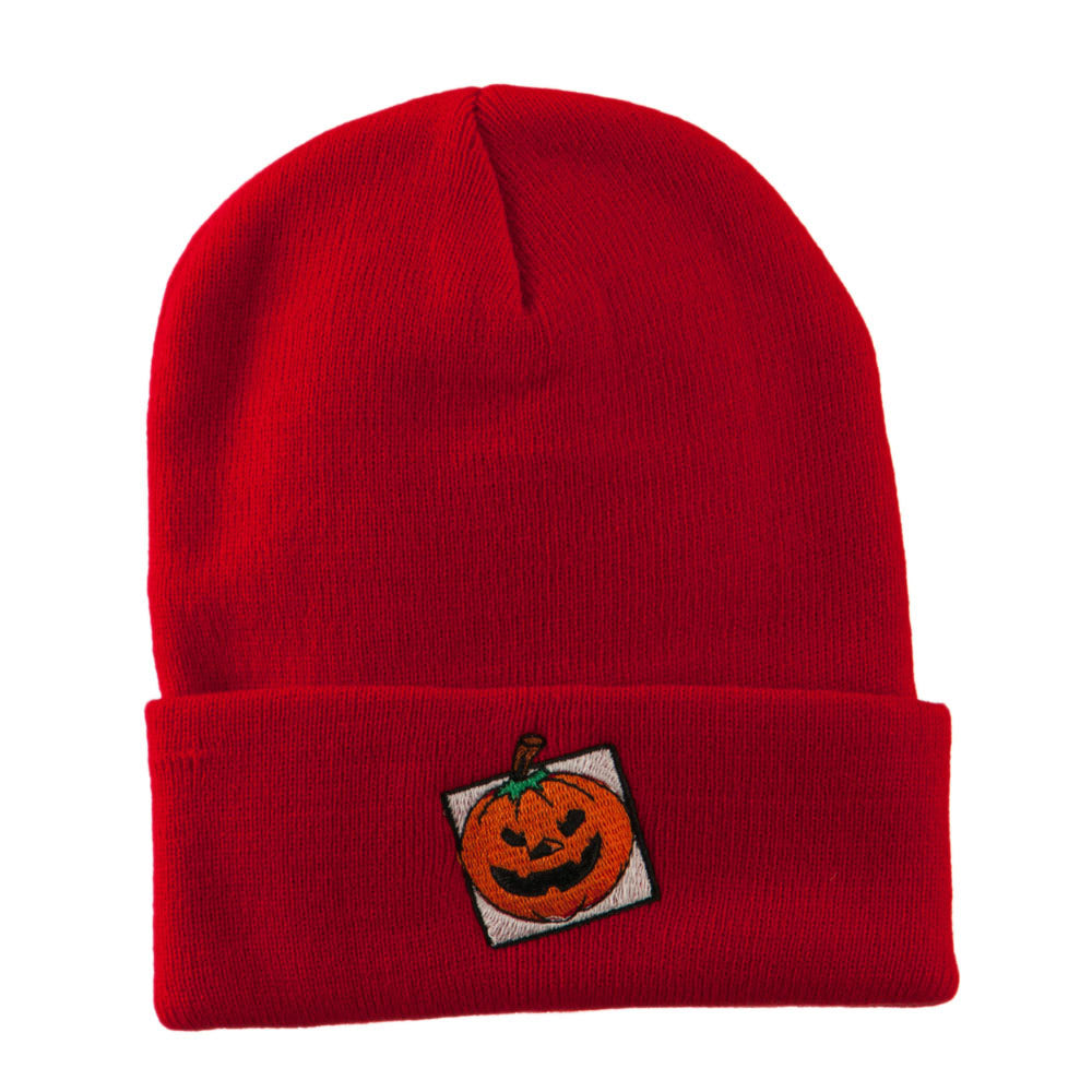 Halloween Jack o Lantern with a Square Box Embroidered Long Beanie - Red OSFM