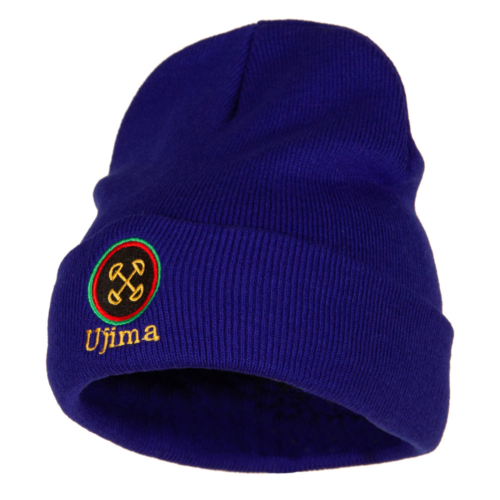 Ujima is Collective Responsibility and Work Embroidered Knitted Long Beanie - Royal OSFM