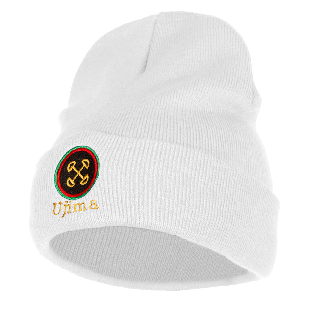 Ujima is Collective Responsibility and Work Embroidered Knitted Long Beanie - White OSFM