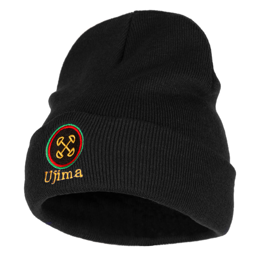 Ujima is Collective Responsibility and Work Embroidered Knitted Long Beanie - Black OSFM