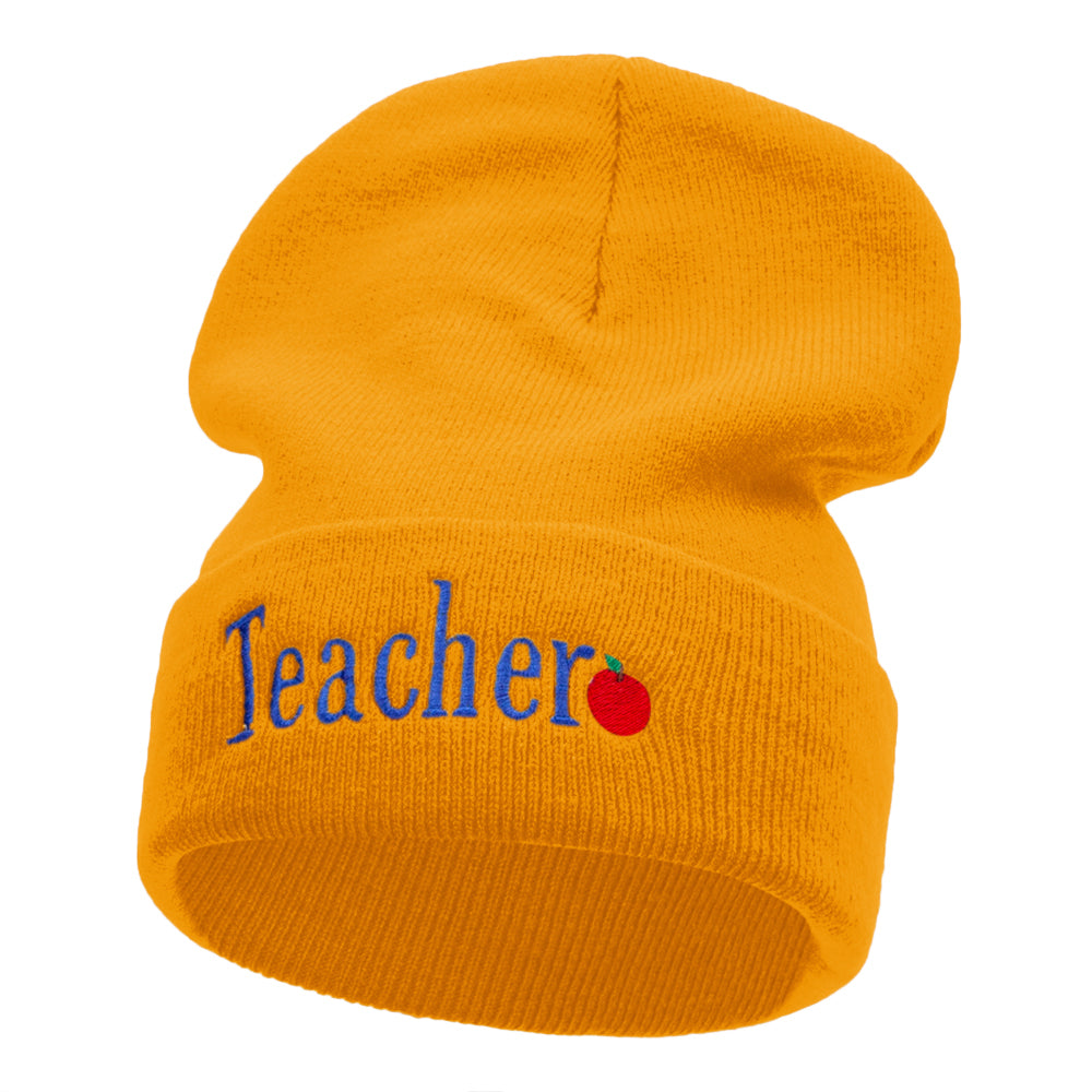 Teacher Word Phrase Embroidered Long Knitted Beanie - Yellow OSFM