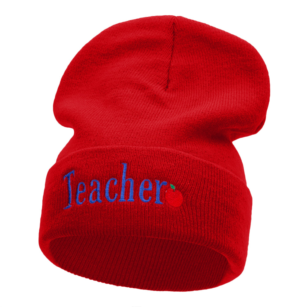 Teacher Word Phrase Embroidered Long Knitted Beanie - Red OSFM