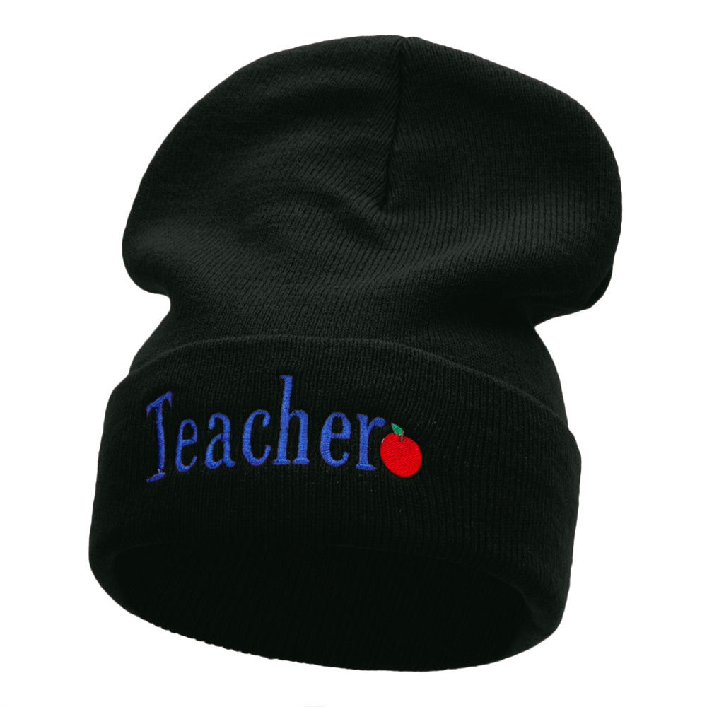 Teacher Word Phrase Embroidered Long Knitted Beanie - Black OSFM