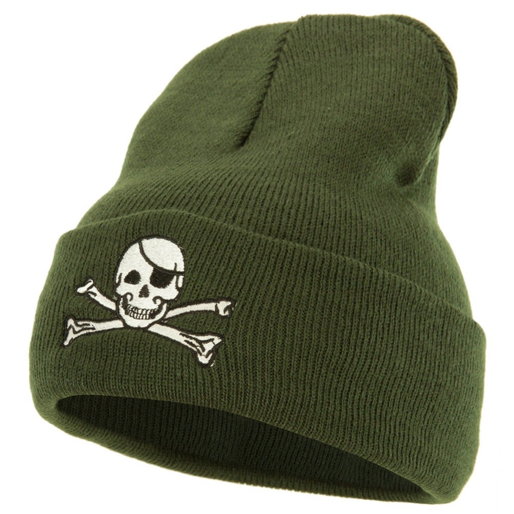 Jolly Rogers Skull Embroidered Long Knitted Beanie - Olive OSFM